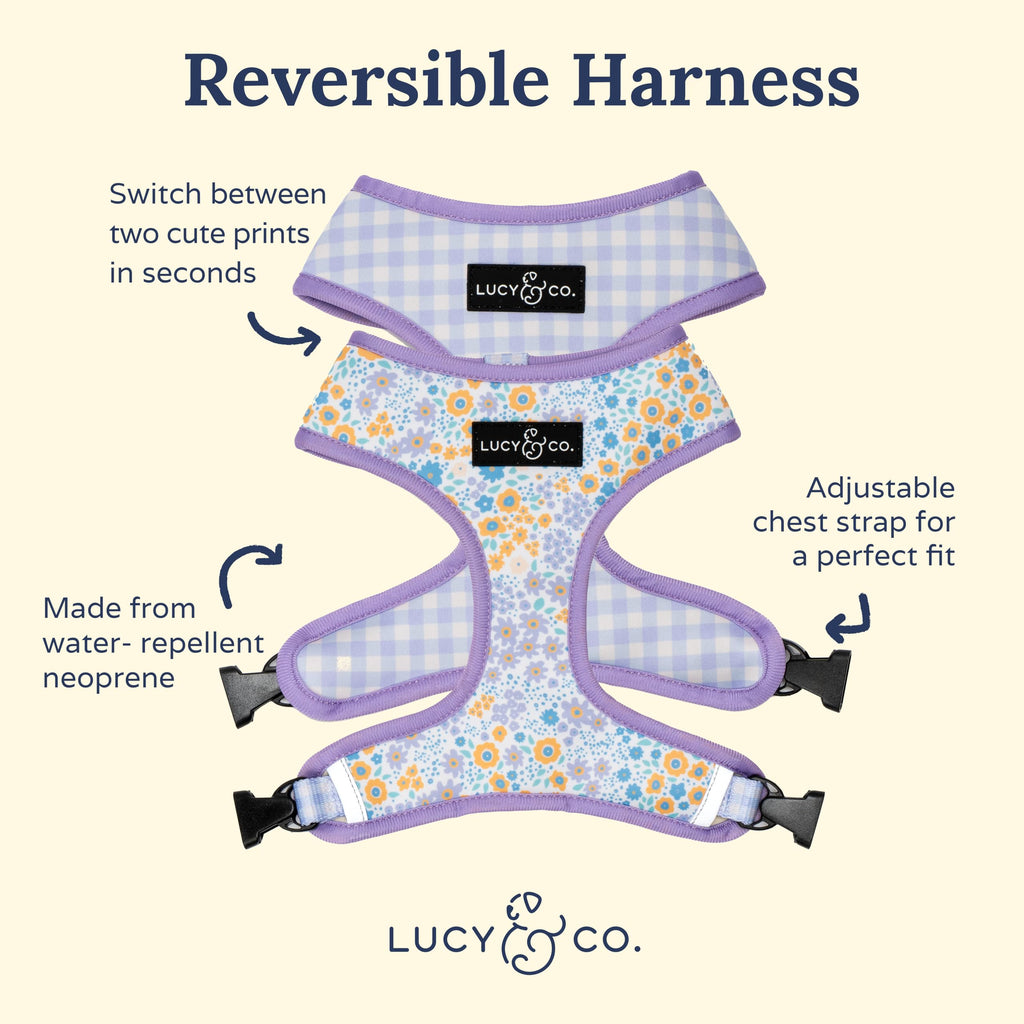 Lucy & Co. Reversible Dog Harness - Water-Repellent Neoprene, Dual-Print Design, Easy Swap Style, Adjustable Comfort Fit - Among Wildflowers Reversible Harness - Large
