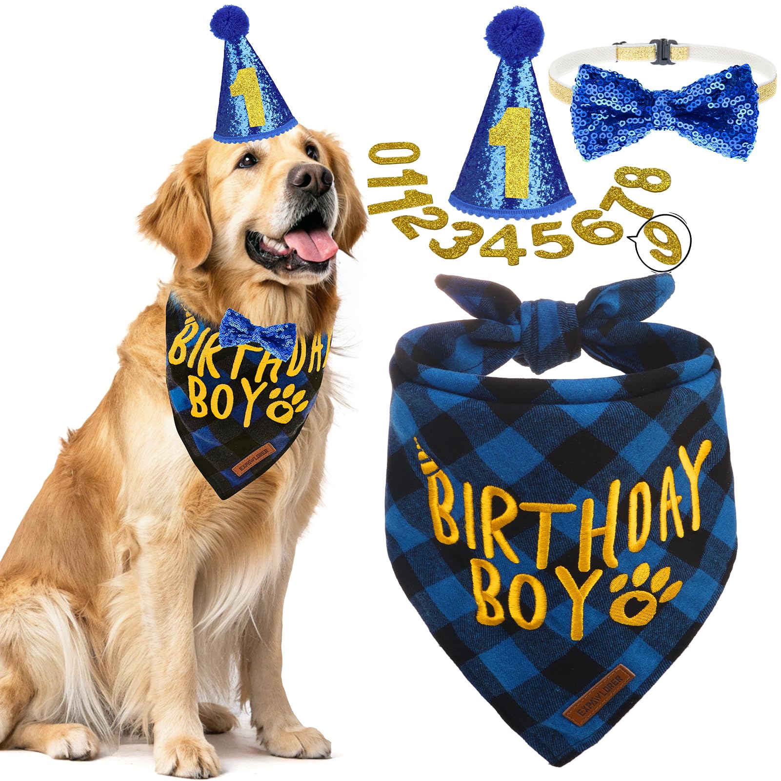 EXPAWLORER Embroidered Dog Birthday Bandana - Dog Birthday Party Supplies, Dog Scarf and Party Hat with Numbers for Boy, Pet Bow Tie Collar, Cute Outfit for Small Medium Large Dogs (X-Large)