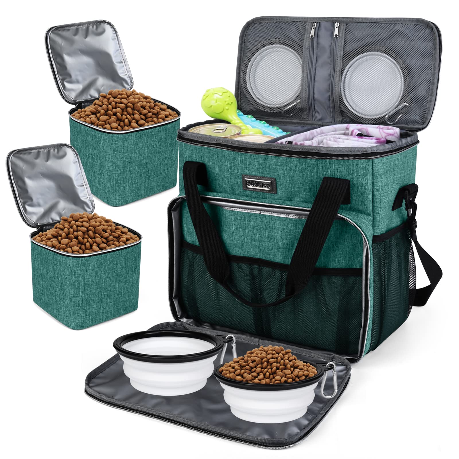 BAGLHER Pet Travel Set Airline-Approved Carrier for Small/Medium Cats & Dogs + Travel Bag with Food Containers & Silicone Bowls, Grey & Green