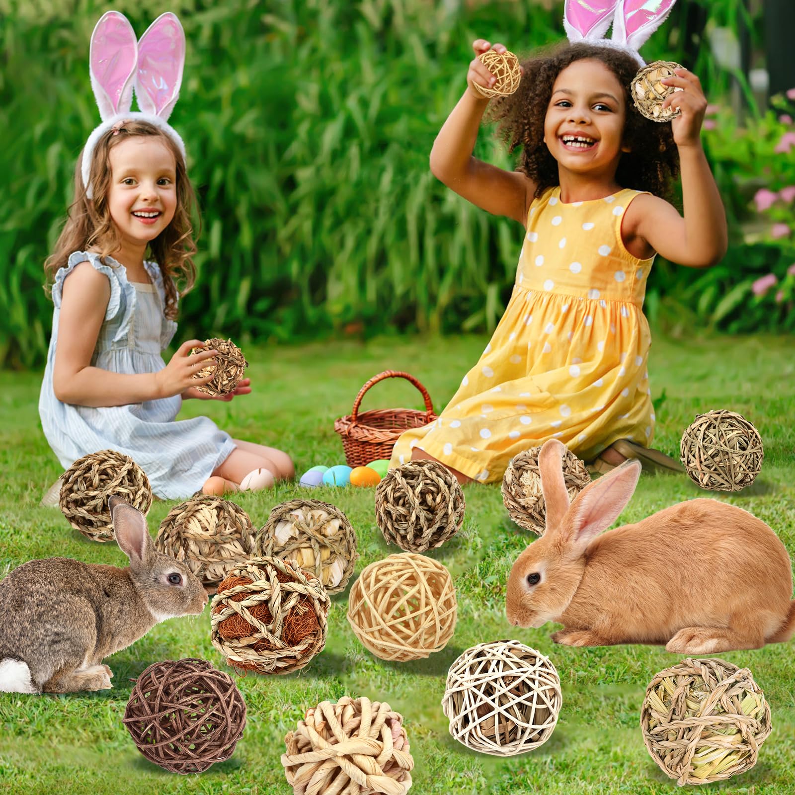 Bunny Chew Grass Balls, Rolling Chew Toys for Small Animals, Improving Dental Health, Natural Chew Grass Toys for Rabbits, Guinea Pigs, Chinchillas, Hamsters, Mice (16 Pcs)
