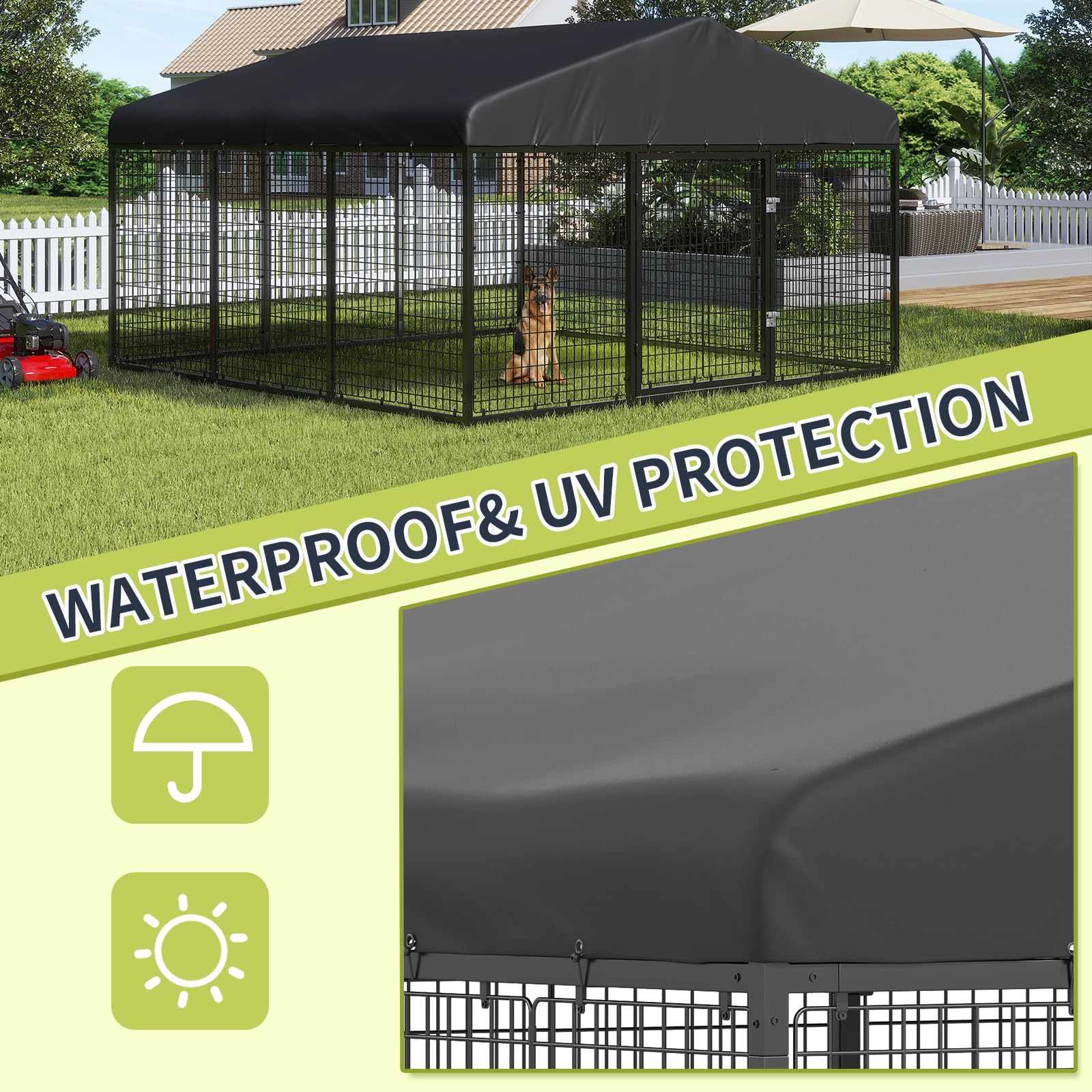 Petony Large Outdoor Dog Enclosure,Heavy Duty Dog Cage with Roof,Galvanized Steel Dog Kennel Fence with Double Safety Locks(79”W x 79”D)