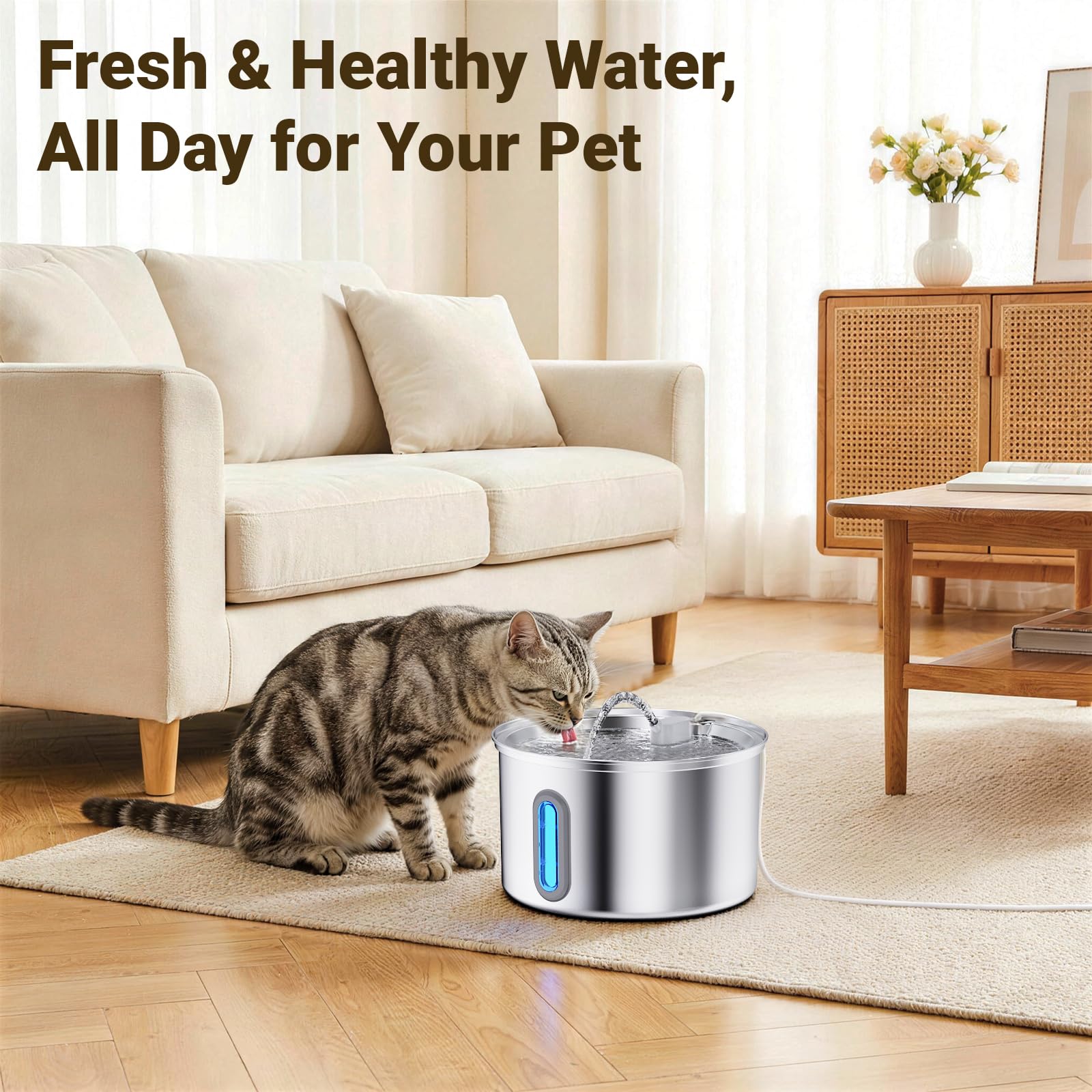 Cat Water Fountain Stainless Steel, 3.2L/108oz Pet Fountains for Drinking with Smart Quiet Pump and Large Water Level Window (12 Filters +12 Sponges)