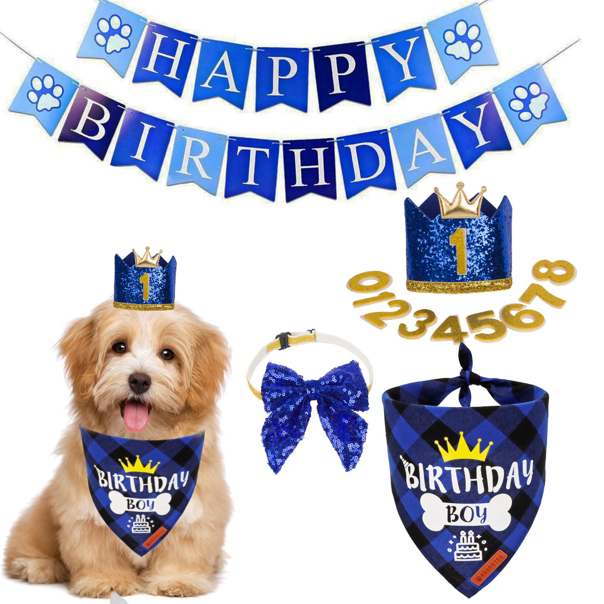 ADOGGYGO Dog Birthday Hat Bandana Bow Tie Set, Navy Blue, Large