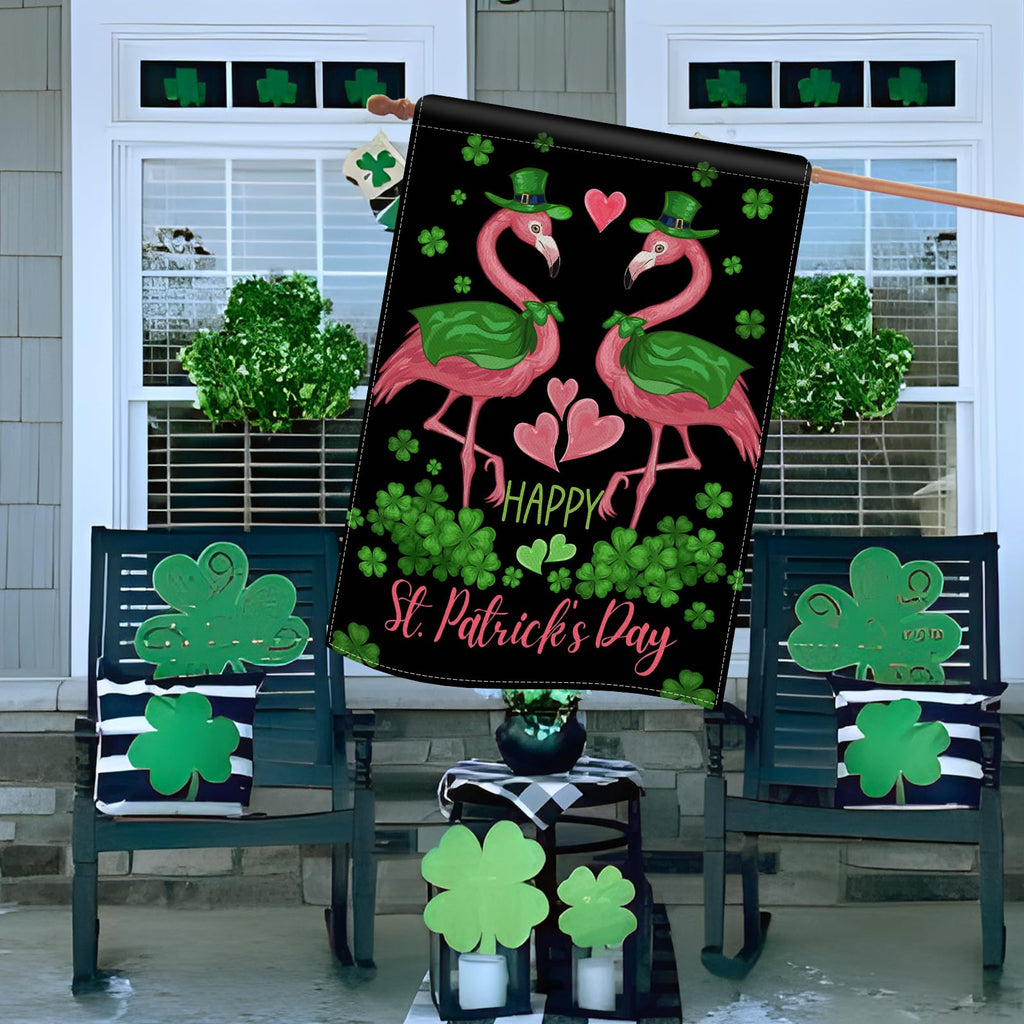 Dyrenson Happy St Patricks Day Flamingo 28 x 40 House Flag Double Sided