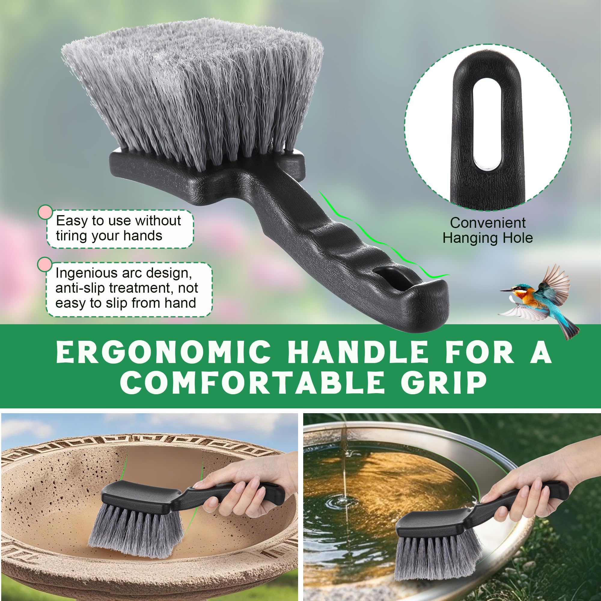 Brush for Bird Baths, Bird Bath Cleaner with Ergonomic Handle and PVC Bristles, Gentle Yet Effective Cleaning for Wigglers, Feeders, Hook Design 1 Pack