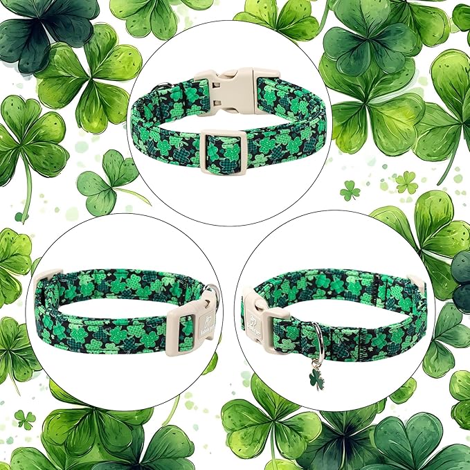 Babole Pet St Patricks Day Dog Collar for Puppy Small Dogs - Green Lucky Clover Dog Collars, Lightweight Adjustable Irish Festival Shamrock Dogs Collars with Quick Release Buckle XS