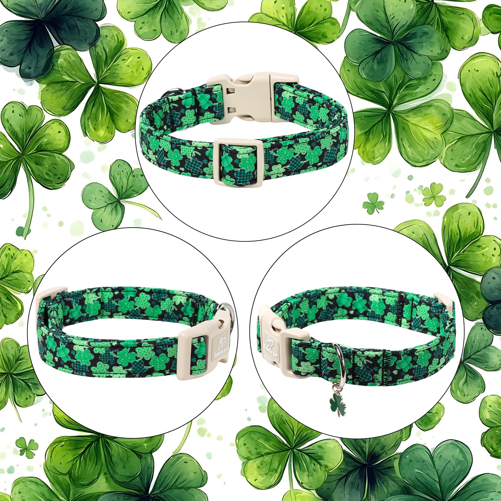 Babole Pet St Patricks Day Dog Collar for Large Dogs - Green Lucky Clover Dog Collars, Lightweight Adjustable Irish Festival Shamrock Dogs Collars with Quick Release Buckle L