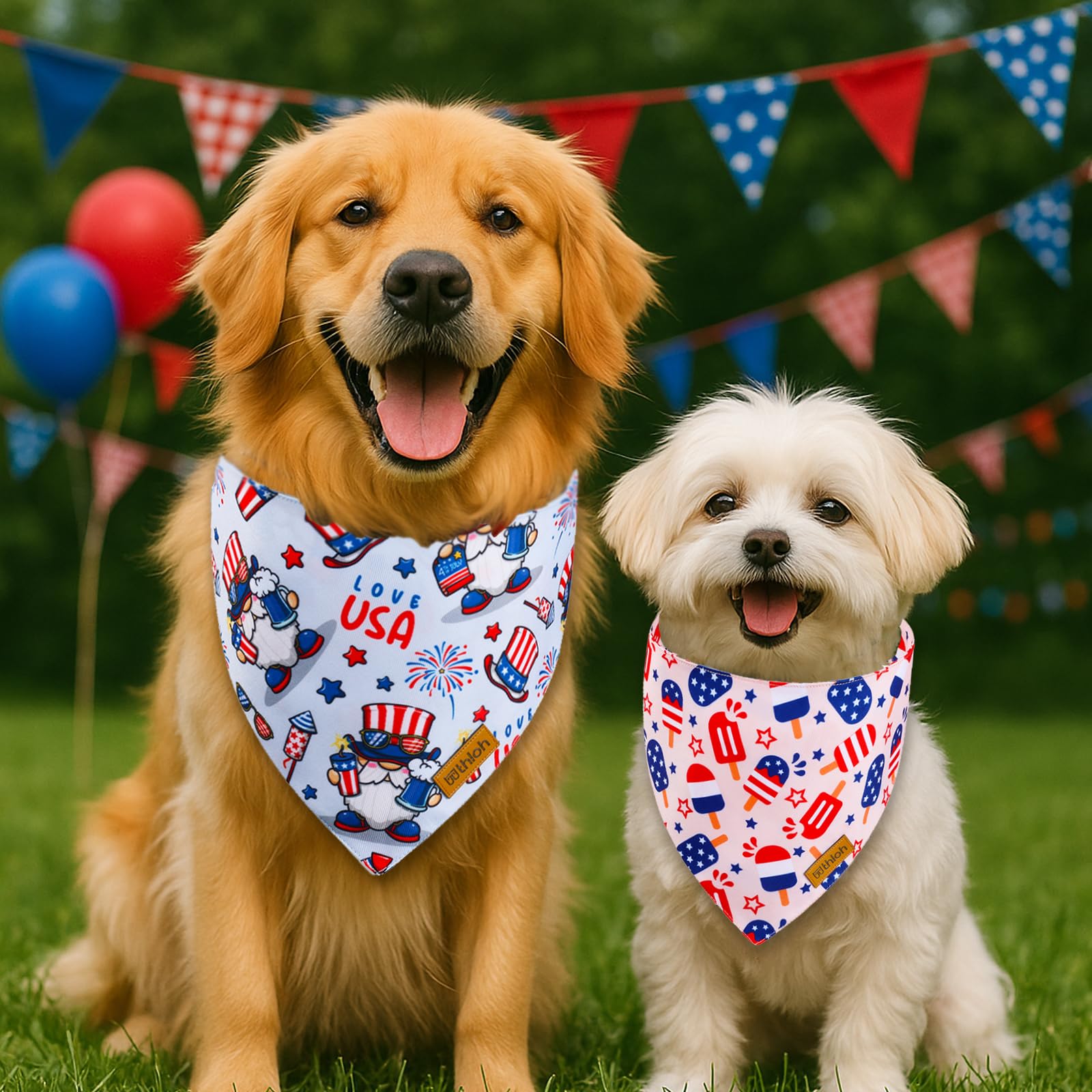 THLOH 4th of July Dog Bandanas with Snap Button, 2 Pack American Flag Pet Scarf for Boy & Girl, Premium Durable Fabric, Adjustable Fit, Patriotic Bandana for Large and Extra Large Dogs (X-Large)