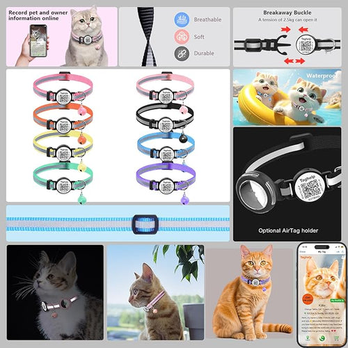 2PCS QR Code Reflective Breakaway Cat Collars with Bells – Smart Scan Pet ID Tag, Adjustable Safety Buckle Kitten Collars, 7.5-12.5 Inch((Blue & Orange))