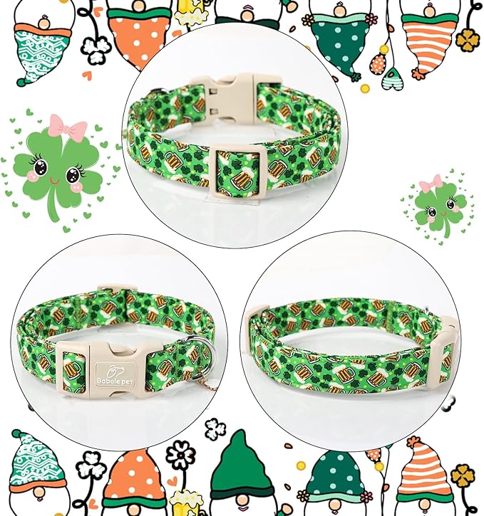 Babole Pet St Patricks Day Dog Collar for Medium Dogs - Green Beer Shamrock Dog Collars for Boys&Girls Dogs, Adjustable Irish Clover Puppy Collar with Quick Release Buckle M