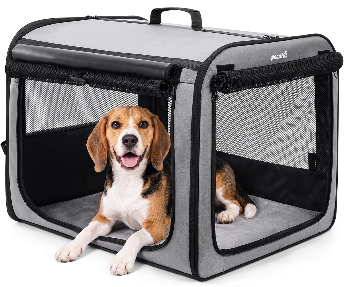 Dog Car Carrier Light Weight 24×17.7×20.5 in, Dog Carrier Easy to Assemble, Dog Car Crate Portable and Breathable, Foldable Pet Carrier for Indoor and Outdoor Use, Dogs Travel Crate with Curtain Brown