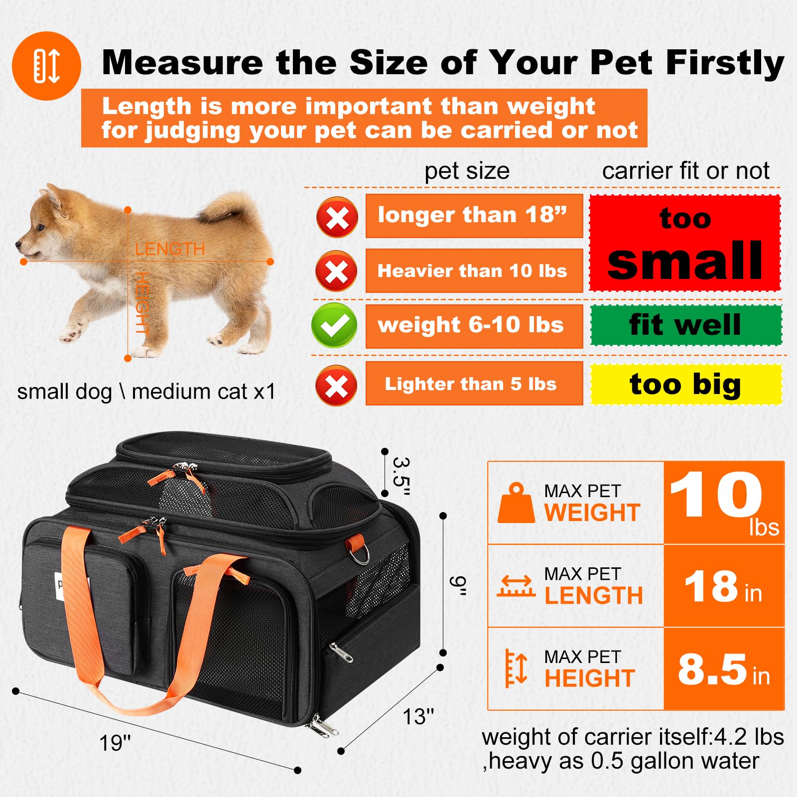 pidipiti 19x13x9 top Expandable pet Carrier, for Small Dog/cat up to 10 lbs