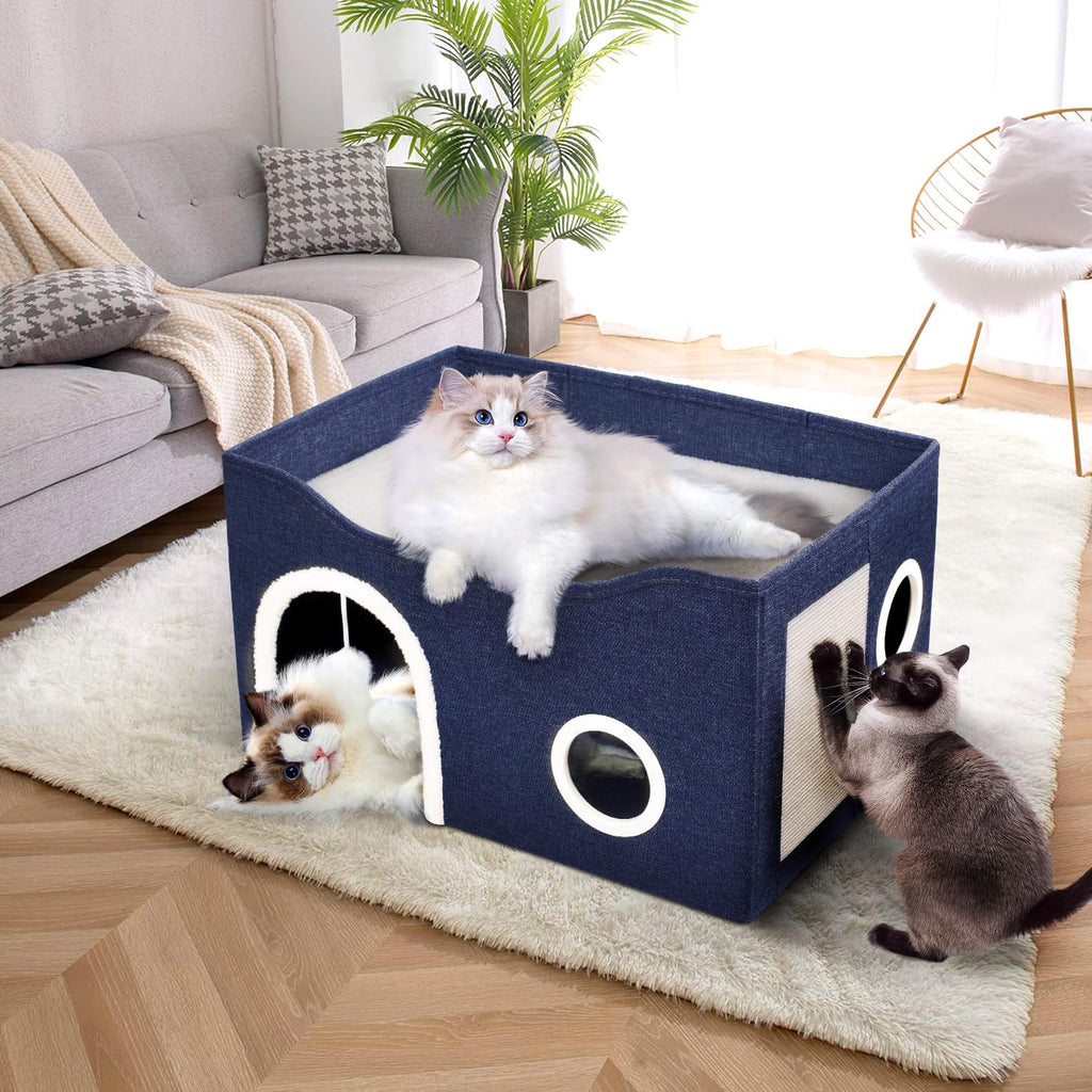 Heeyoo Cat House for Indoor Cats - Large Cat Bed Cave with Fluffy Ball and Scratch Pad, Foldable Cats Houses & Condos, Cat Hideaway, Covered Kitty Bed for Multi Small Large Kitty, 23.8x15.9x13.2 Inch