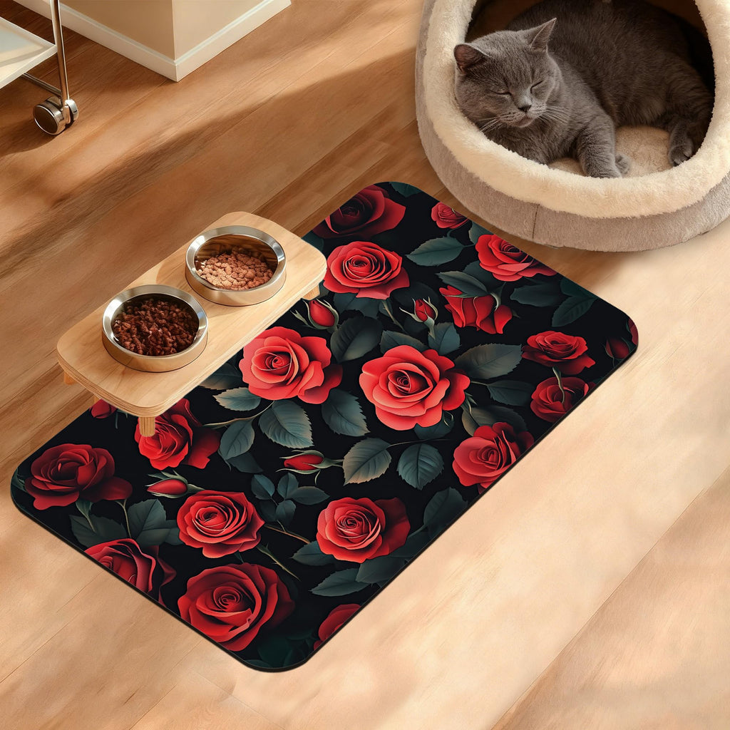 Retro Rose Feeding Mat,Green Leaf Absorbent Quick-Dry Cat Dog Food and Water Bowl Mats,Non-Slip Rubber Backing Mat,Cat Dog Accessories Supplies 12" x 20"