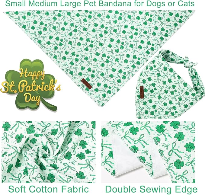 St. Patrick's Dog Bandana, UP URARA PUP Shamrock Triangle Bid, Clover and Bow Pattern Scarf for Medium Large Dogs, Cotton Kerchief for Girl Boy Puppies, Cute Spring Green Bandana,S