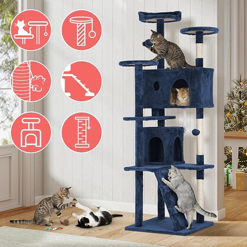70in Cat Tree Cat Climbing Tower with Scratching Post, Cats House Perch Kitten Tree Condo Wood Playhouse, Pet Trees Tower for Indoor Cats, Navy Blue