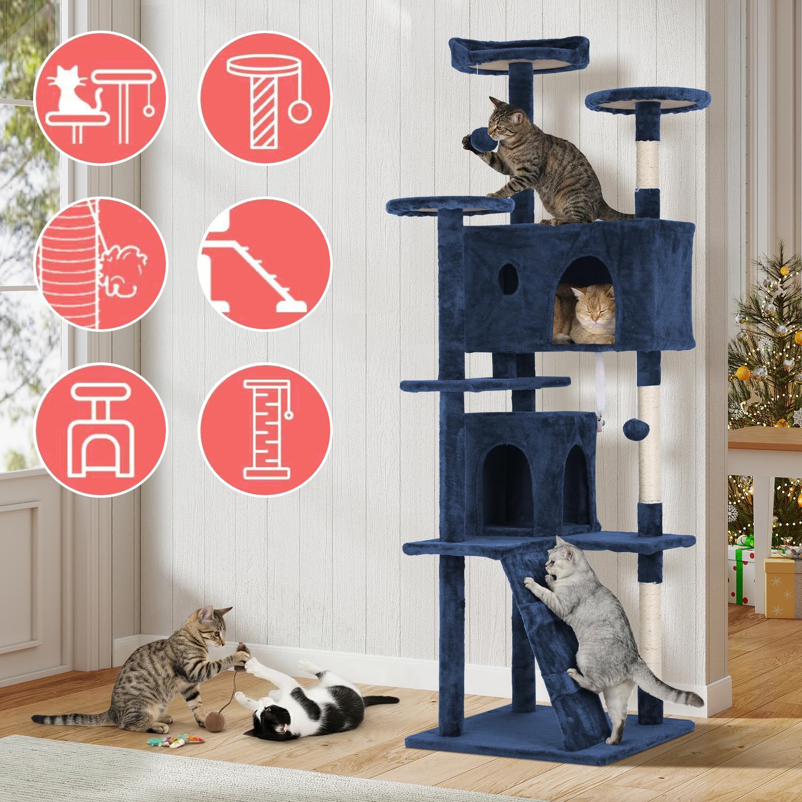 70in Cat Tree Cat Climbing Tower with Scratching Post, Cats House Perch Kitten Tree Condo Wood Playhouse, Pet Trees Tower for Indoor Cats, Navy Blue