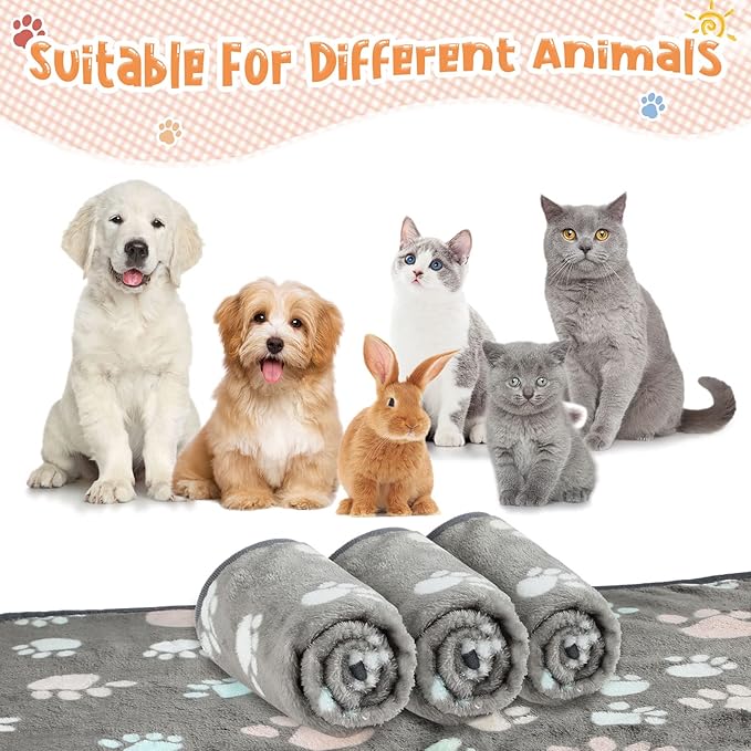 Tatuo 4 Pcs Dog Blanket for Pet Cat Blankets Indoor Puppy Teething Stuff Toys Paw Print Fleece Soft Blanket Sleep Mat for Guinea Pig Cage(Dark Gray,Medium(30 x 20.5 Inch),Square)