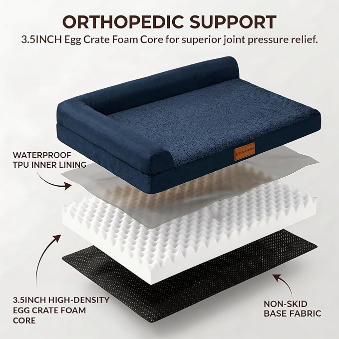 Patas Lague Orthopedic XL Dog Bed Large Sized Dog 48''X30'', Waterproof L Bolster Big Large Pet Sofa Beds with Removable Washable Cover, Soft Comfortable Pet Couch Crate Mat with Nonskid Bottom, Navy