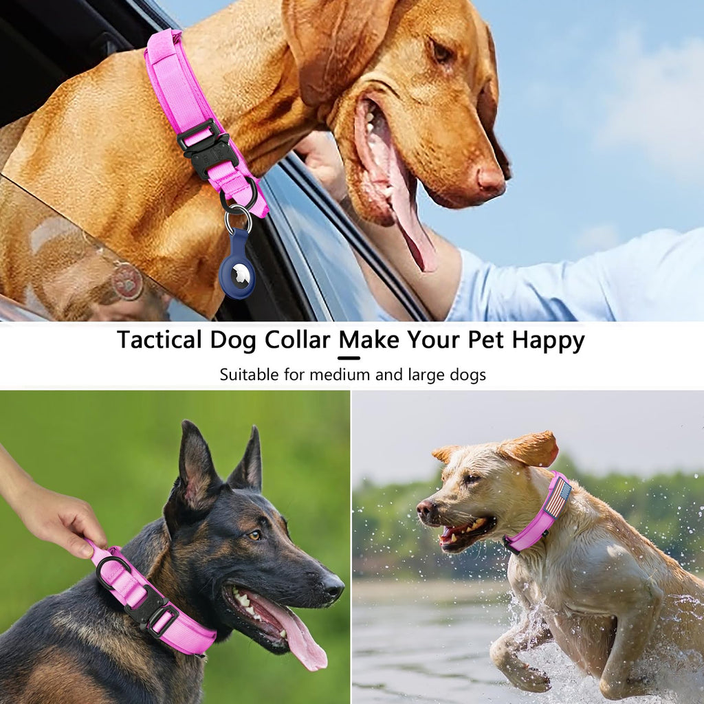 DAGANXI Tactical Dog Collar, Adjustable Military Training Nylon Dog Collar with Control Handle and Heavy Metal Buckle for Medium and Large Dogs, with Patches and Airtags Case (L, Pink)