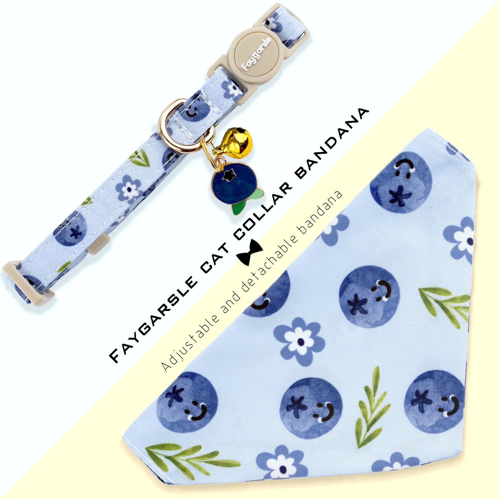 Faygarsle 2 Pack Blueberry Pattern Cat Collar Set with Bandana and Bow Tie, Light Blue, Breakaway Style with Bell