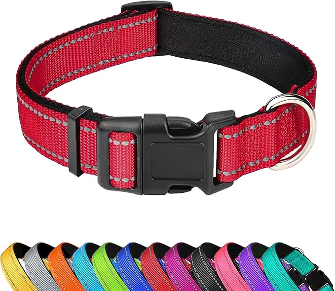 PWOD Reflective Dog Collar, Adjustable Soft Neoprene Padded Nylon Pet Collars with Buckle for Large Dogs, Red,L