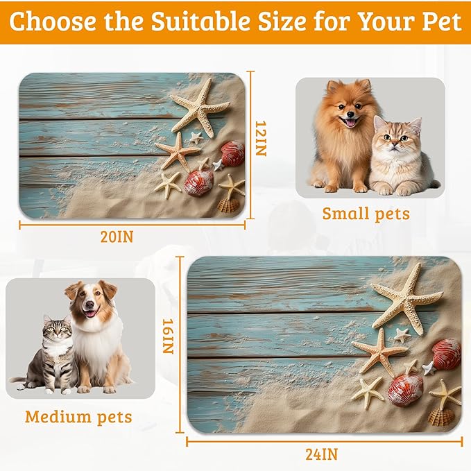 Sand Starfish Dog Cat Food Mat,Wood Board Absorbent Waterproof Placemat for Food and Water Non Slip Rubber Backing Durable Feeding Pad for Clean Floors 16" x 24"