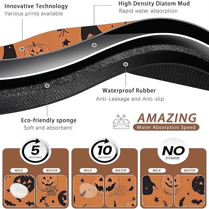Halloween Dog Food Mat for Floors,Pumpkin Bat Absorbent Quick-Dry Pet Feeding Mat,Cat Dog Bowl Mats for Food and Water,Non-Slip Pet Accessories Supplies 16"x24"