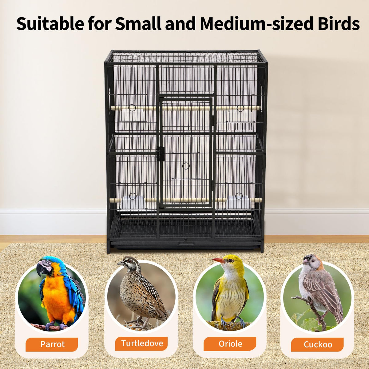 GarveeHome 62.6" H Large Bird Cage, Bird Cage with Rolling Storage Stands, Feed Bowls, Wide Tall Parrot Cage for Parakeets, Conures, Cockatiel, Cockatoo