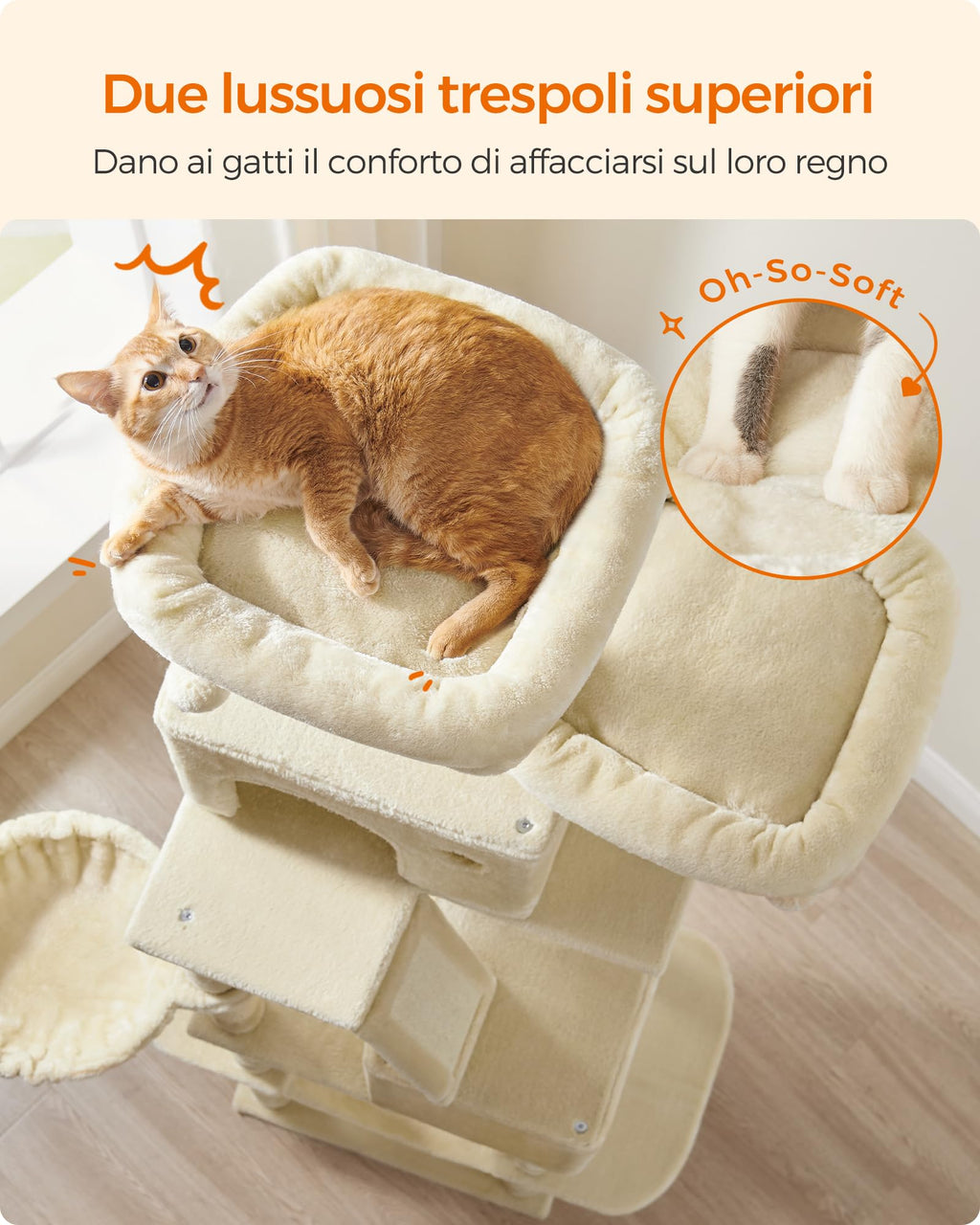 Feandrea Cat Tree, 81.1-Inch Large Cat Tower, Multi-Level Plush Condo with 13 Scratching Posts, 2 Perches, 2 Caves, Basket, Hammock, Pompoms, Beige UPCT190M01