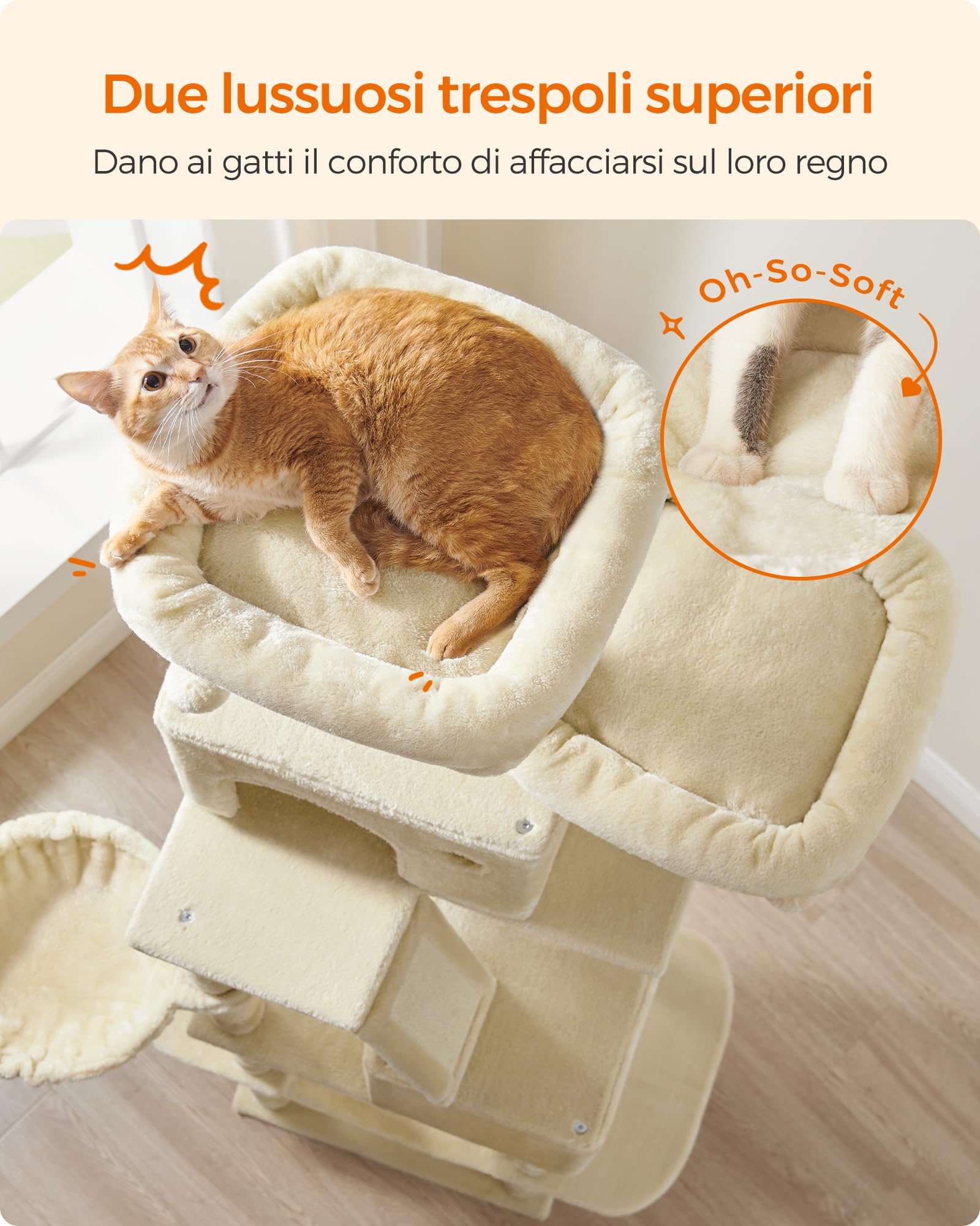 Feandrea Cat Tree, 81.1-Inch Large Cat Tower, Multi-Level Plush Condo with 13 Scratching Posts, 2 Perches, 2 Caves, Basket, Hammock, Pompoms, Beige UPCT190M01