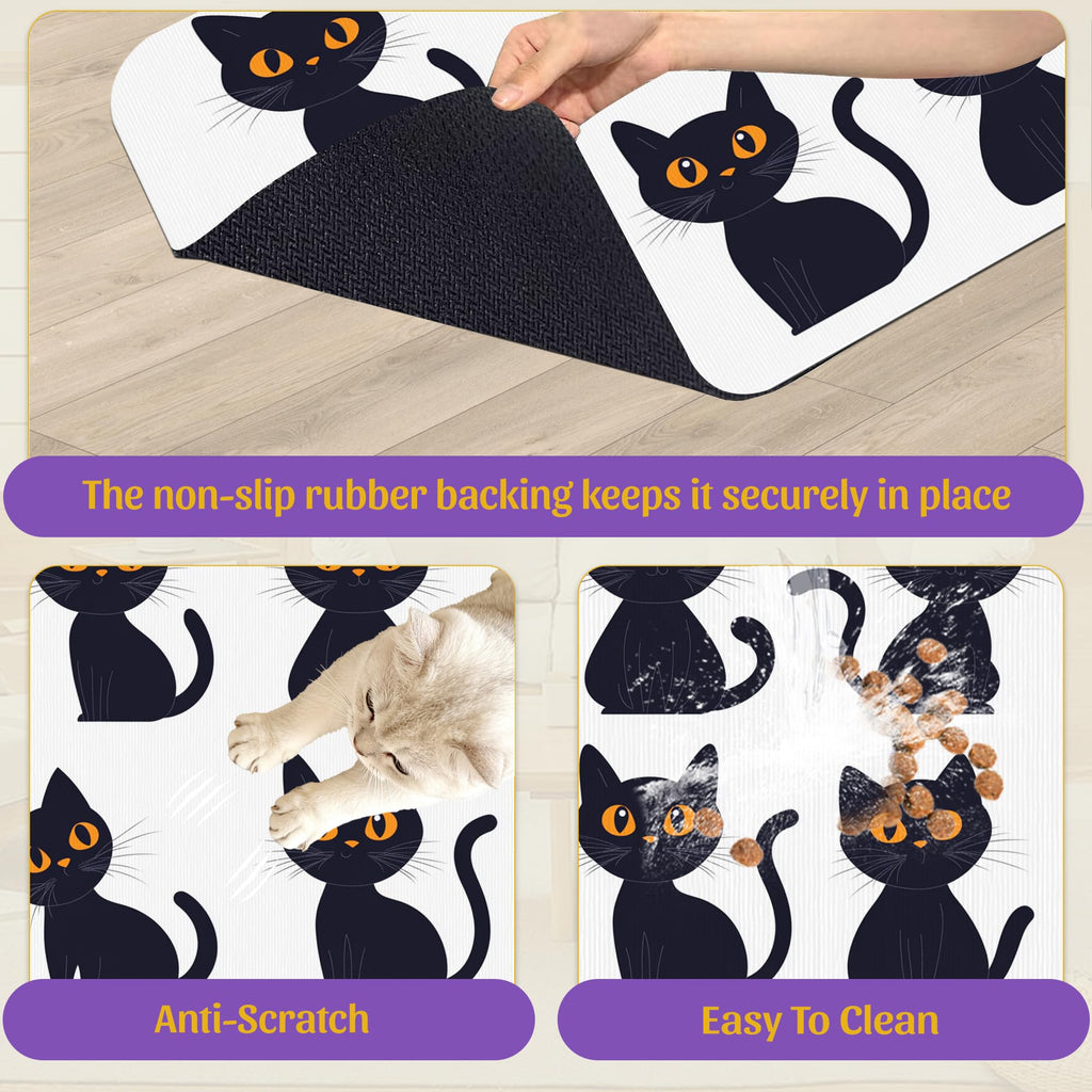 Cute Black Cats Pet Feeding Mat, Absorbent Dog and Cat Bowl Pad, Fast Dry, Non-Slip Back – 12x20 Inch