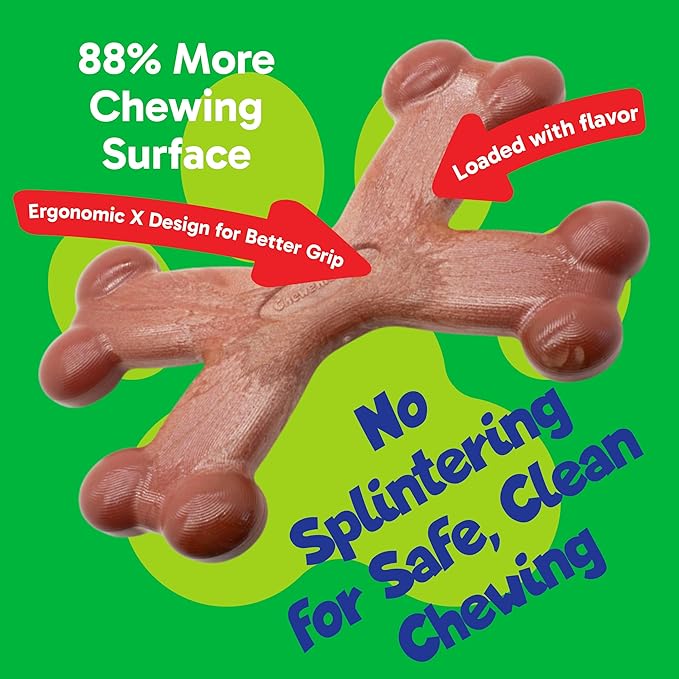 Chew’EMS X Bone Dog Chew Toy for Aggressive Chewers – Long-Lasting Chicken Flavor Nylon Bone – Durable, Rawhide-Free Dental Toy - Large Size – Made in USA
