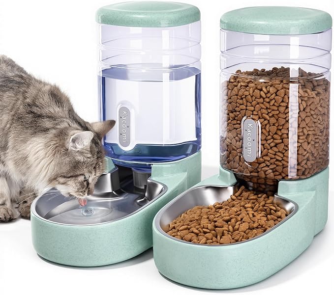 Automatic Dog Cat Feeder and Water Dispenser Gravity Food Feeder and Waterer Set with Pet Food Bowl for Small Medium Dog Puppy Kitten, Large Capacity 1 Gallon x 2(Grey)