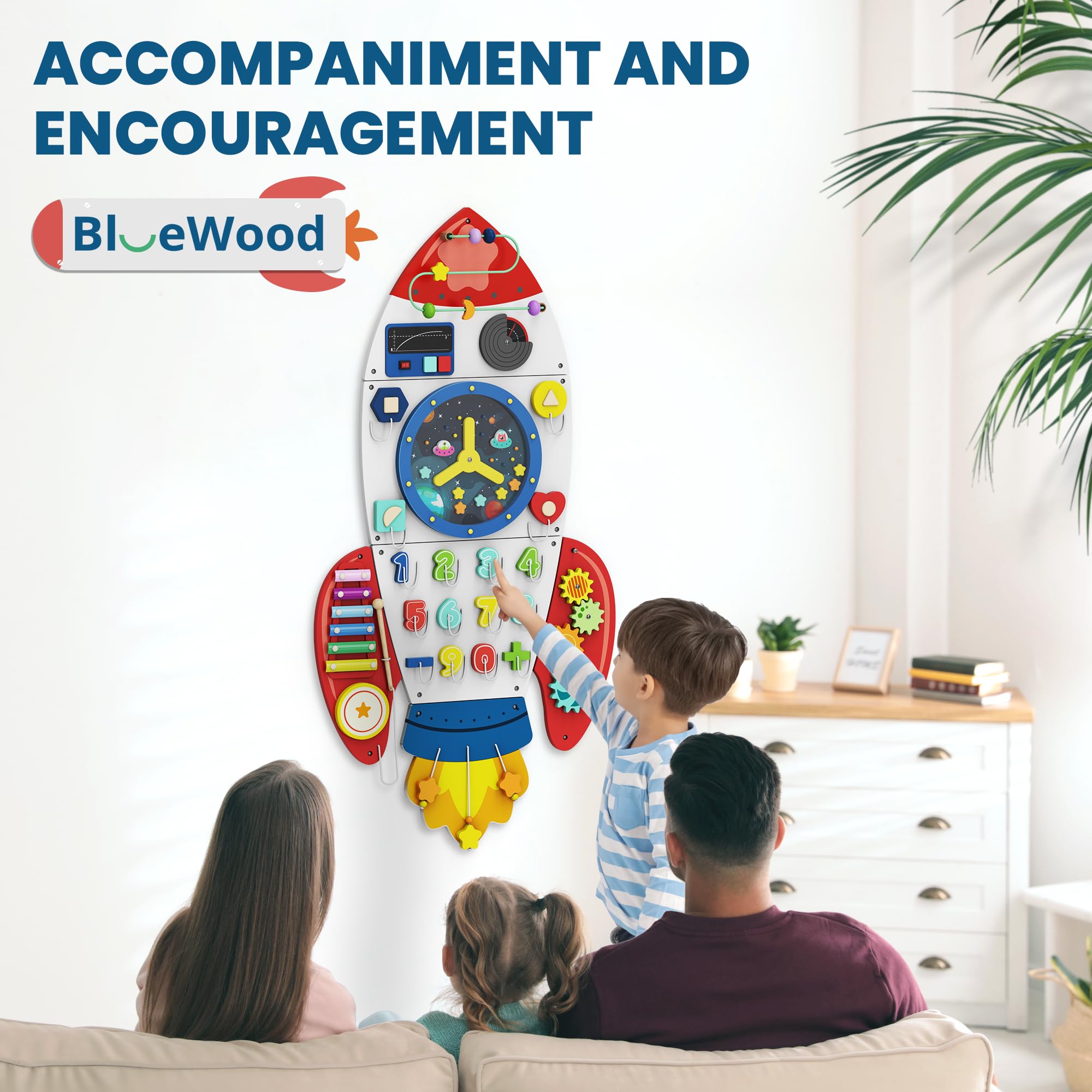BlueWood Wooden Wall Busy Board Panels, Toddler Learning Activity Center, Montessori Philosophy Sensory, Educational Toys, Conducive to All-Round Development - Rocket