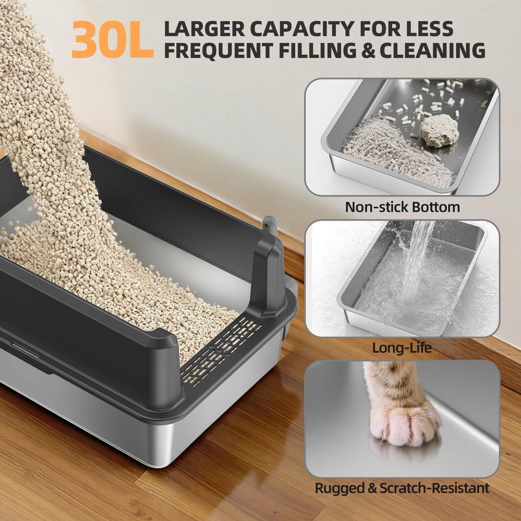 Stainless Steel Cat Litter Box, XXL High Sided Open Top Litter Pan, 1 Scoop