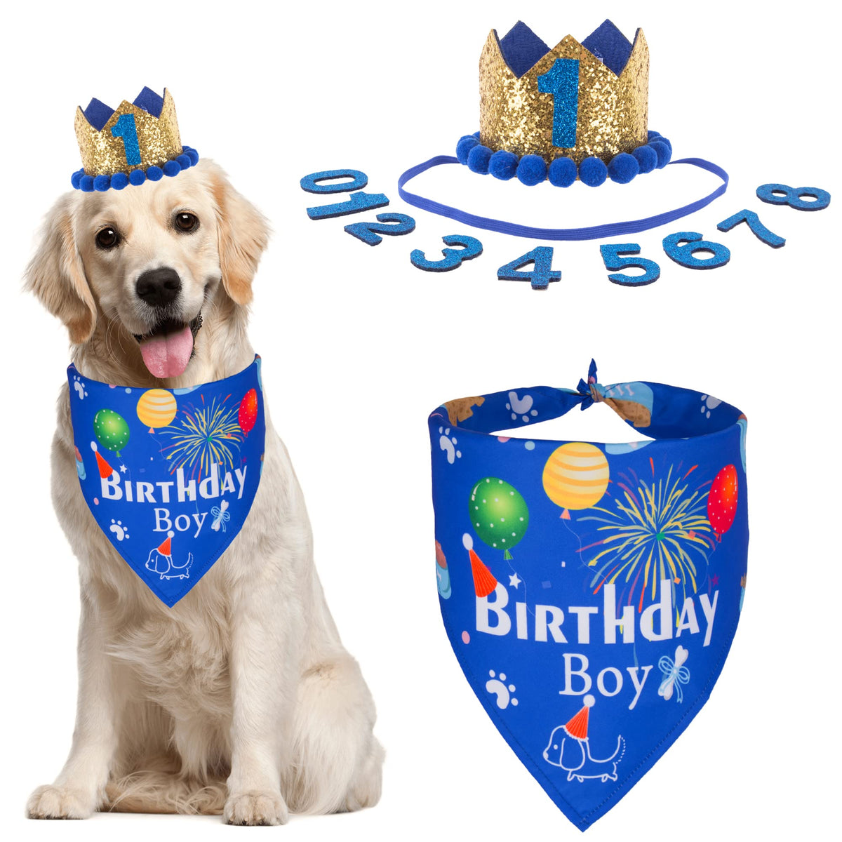 ADOGGYGO Dog Birthday Hat Bandana Bow Tie Set, Navy Blue, Large