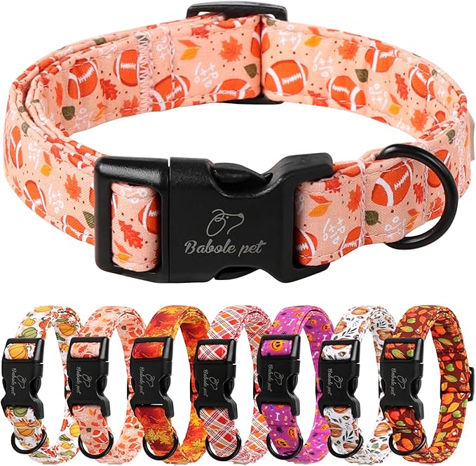 Babole Pet Fall Dog Collar, Cute Football Pattern Puppy Collar, Orange Adjustable Cotton Holiday Tanksgiving Dog Collars for Small Medium Large Boy&Girl Dogs L