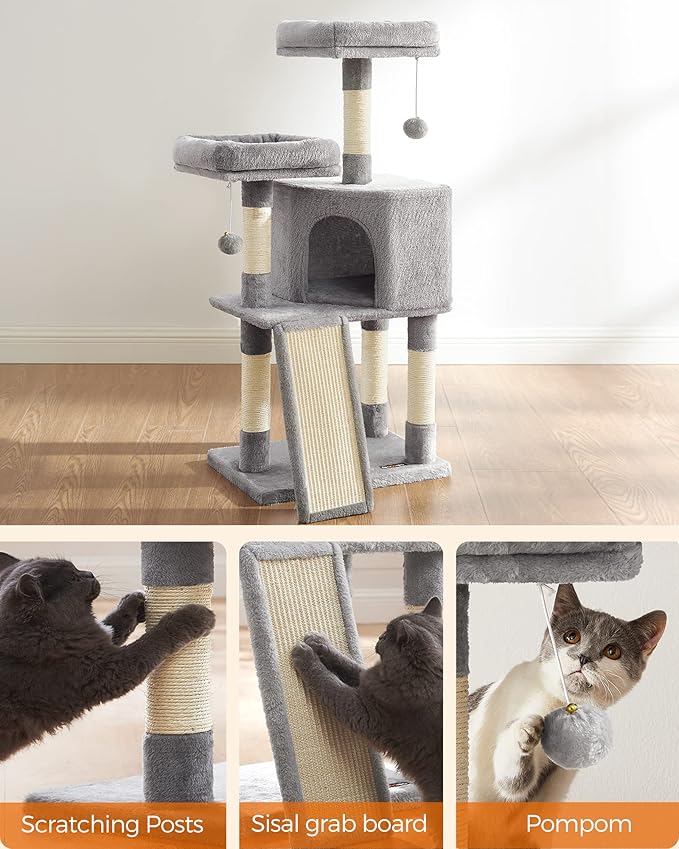 Feandrea Cat Tree, 45.3-Inch Cat Tower, Cat Scratching Post, Light Gray