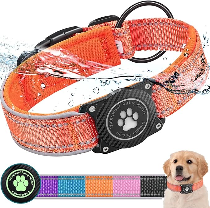 OKVSKO Airtag Dog Collar with Waterproof Air Tag Holder, Luminous Reflective, Soft Padded, Adjustable Nylon Pet Collar for Small Medium Large Heavy Duty Dogs,Orange, L