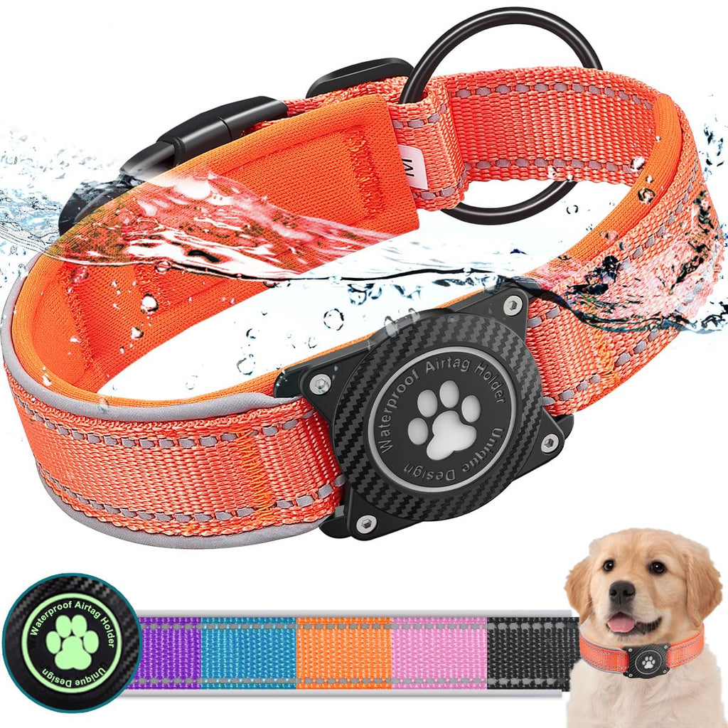 OKVSKO Airtag Dog Collar with Waterproof Air Tag Holder, Luminous Reflective, Soft Padded, Adjustable Nylon Pet Collar for Small Medium Large Heavy Duty Dogs,Orange, M
