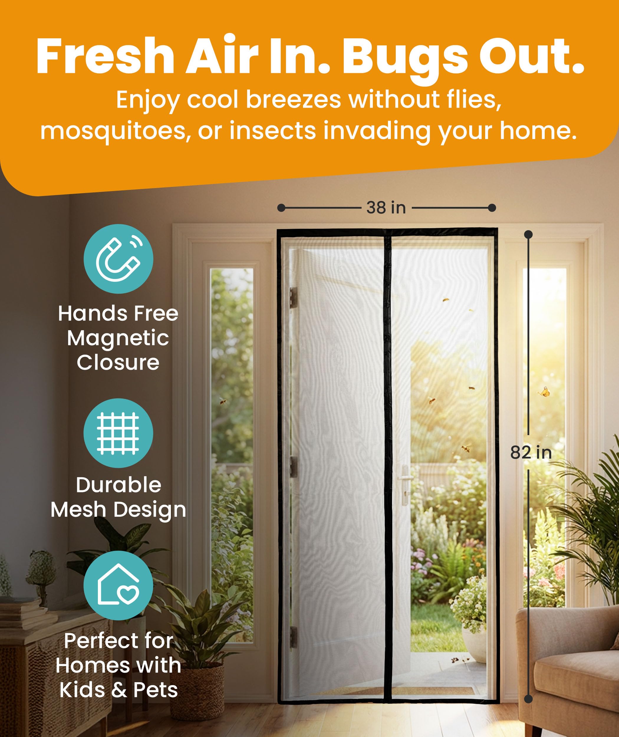 Flux Phenom Magnetic Screen Door - Bugs Out, Breeze in - 9min Install Auto-Sealing Heavy Duty Double Stitched Mesh, 52 Magnets, Hands Free Sliding & Patio Doors Net, Pet & Kid Friendly, 38 x 82 Inch
