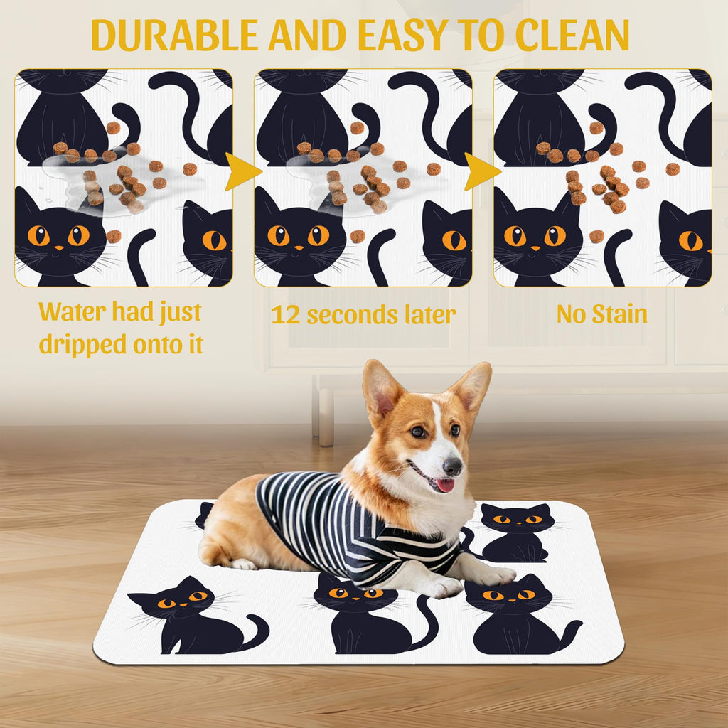 Cute Black Cats Pet Feeding Mat, Absorbent Dog and Cat Bowl Pad, Fast Dry, Non-Slip Back – 12x20 Inch