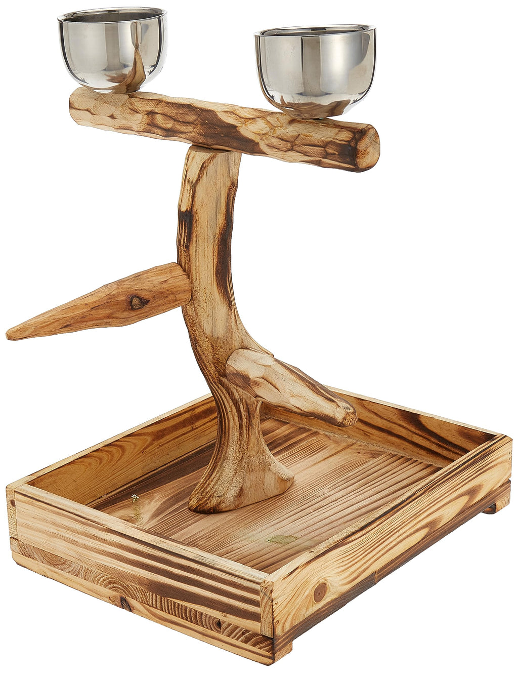 PENN-PLAX Bird-Life Natural Wood Tree Perch for Small and Medium Birds – Includes Food and Water Bowls with Drop Tray – Medium