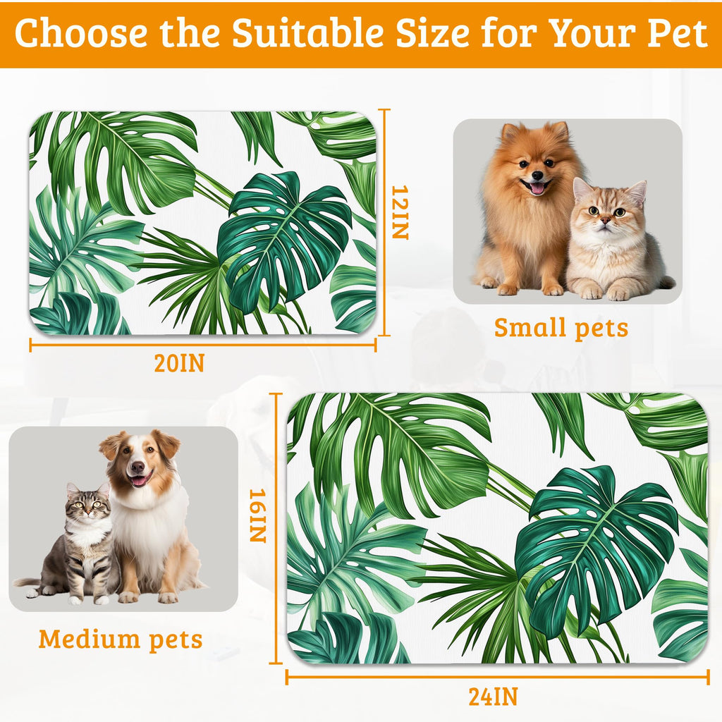 Dog Bowl Mat,Leaves Pet Feeding Mat for Floors Waterproof,Tropical Palm Absorbent Dogs Placemat for Food and Water Quick Dry Pet Cat Feeding Mats with Non Slip Bottom 16" x 24"