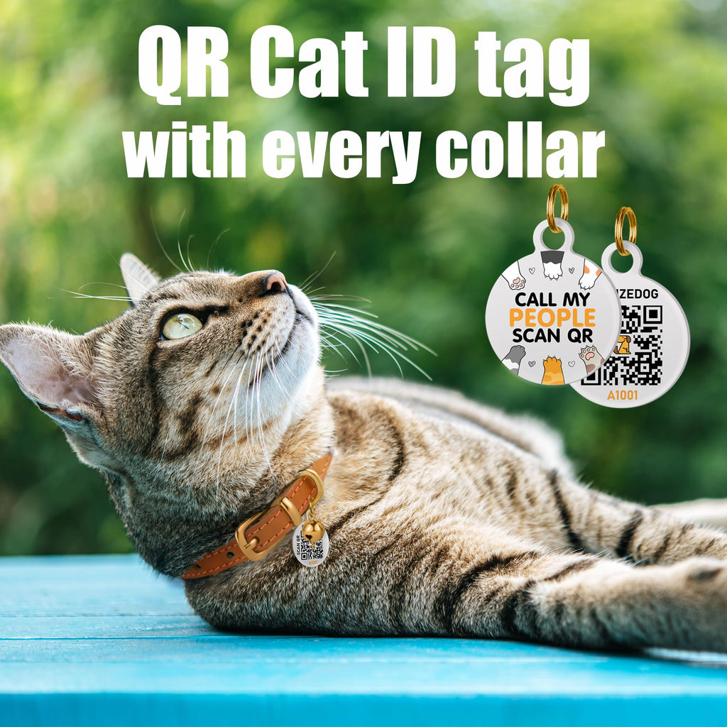 BRONZEDOG Leather Cat Collar with Removable Bells Non Breakaway Kitten QR Tag for Girl Boy (9" - 12" Cats/Mini Dogs, Red & Silver)