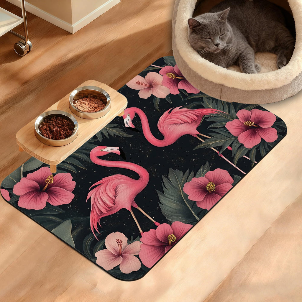 Pet Feeding Mat,Pink Flamingo Absorbent Dog Cat Food Mat Palm Leaves Dog Mat with Rubber Backing,Non-Slip Water Bowl Placemat,Pet Supplies 16" x 24"