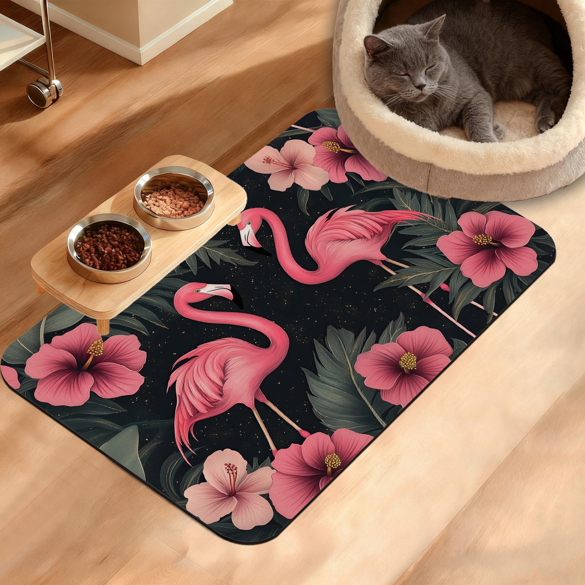 Pet Feeding Mat,Pink Flamingo Absorbent Dog Cat Food Mat Palm Leaves Dog Mat with Rubber Backing,Non-Slip Water Bowl Placemat,Pet Supplies 16" x 24"