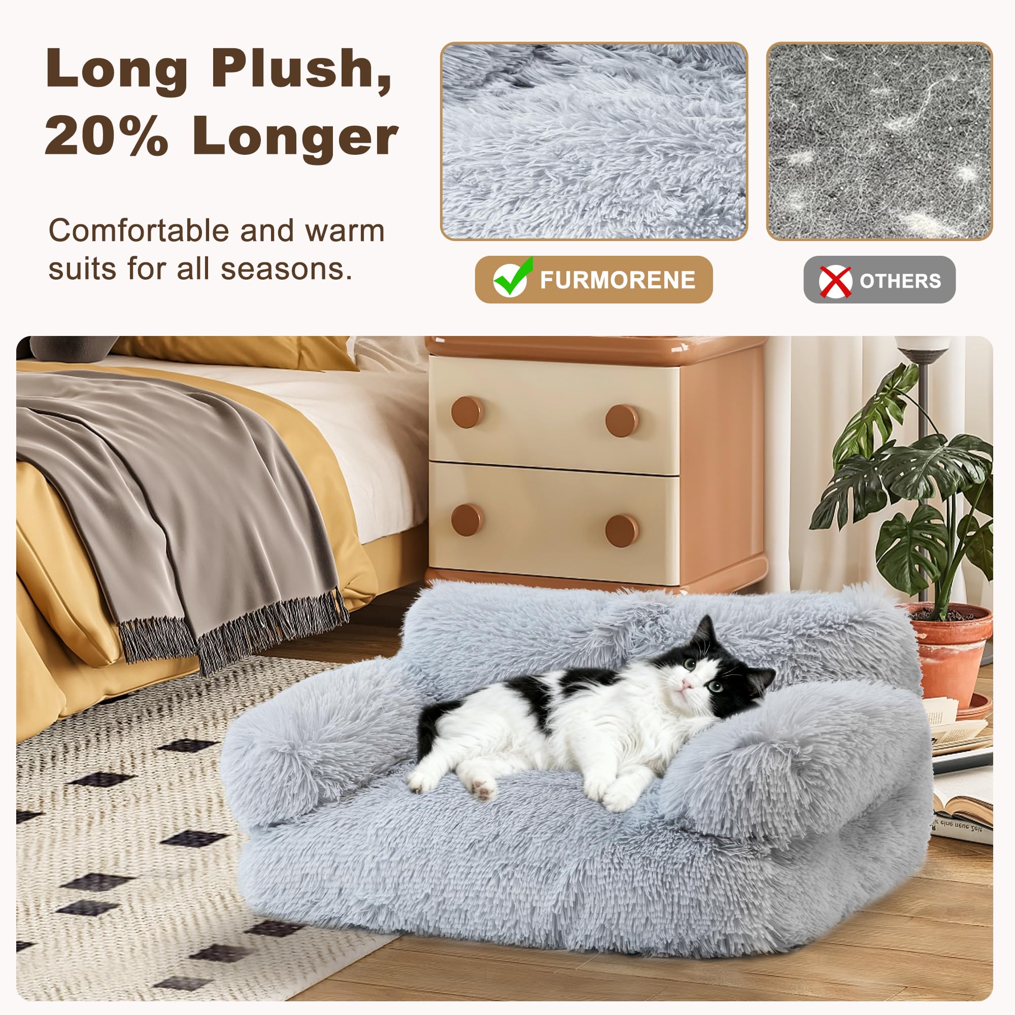 FURMORENE Large Cat Beds for Indoor Cats, Dog Couch Bed, Cute Cat Couch Sofas for Less 20lbs Kitten Puppy, Small Dog Sofas & Chairs with Removable Washable Cover, Warm Pet Furniture, Plush Light Grey