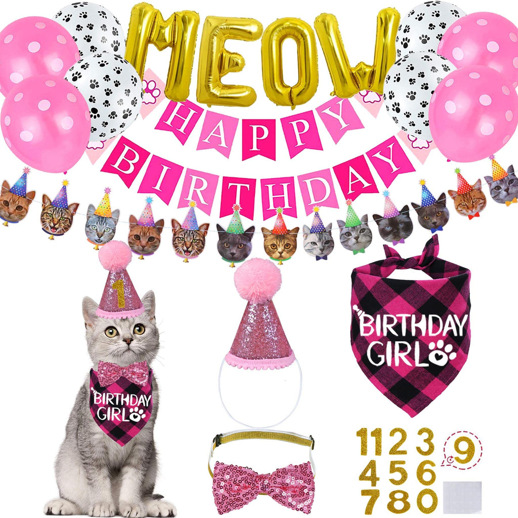STMK Cat Birthday Party Supplies, Cat Birthday Hat Bandana Bow Tie Collar Number Banner Garland Meow Letter Balloons for Cats Kitten Outfits Decorations (Pink)